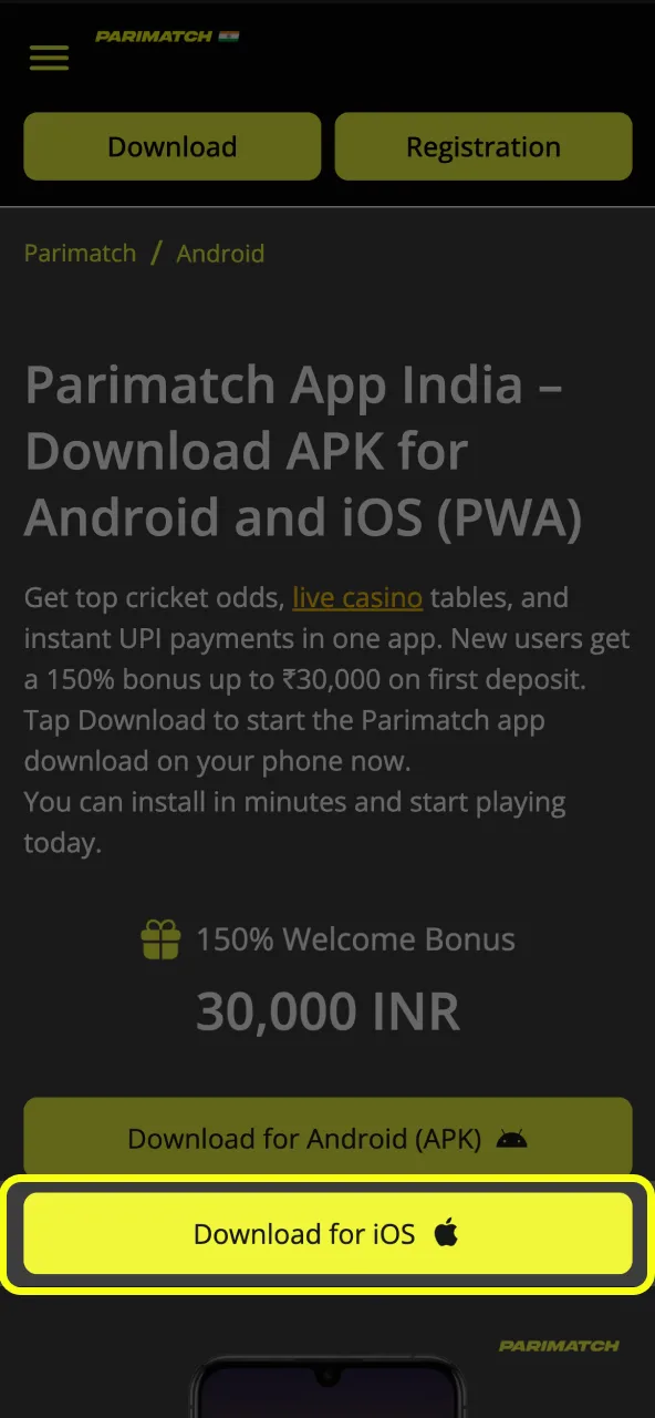 Download Parimatch for iPhone, iPad with one click.