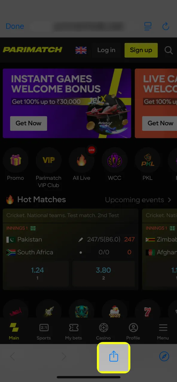 Share Parimatch via browser icon.
