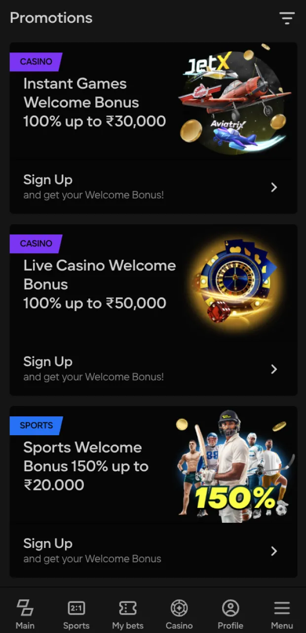 You can easily find sports and casino betting bonuses thanks to the simple interface of the Parimatch app.