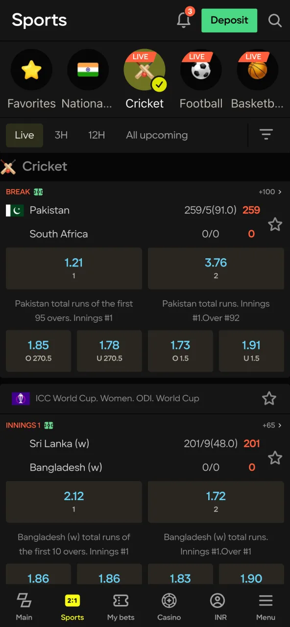 Parimatch cricket filters for tournaments and dates.