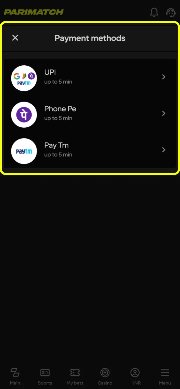 Choose UPI, Paytm, or card for Parimatch deposit.