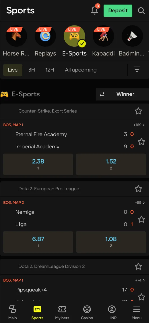 Explore Parimatch Esports and pick your match.