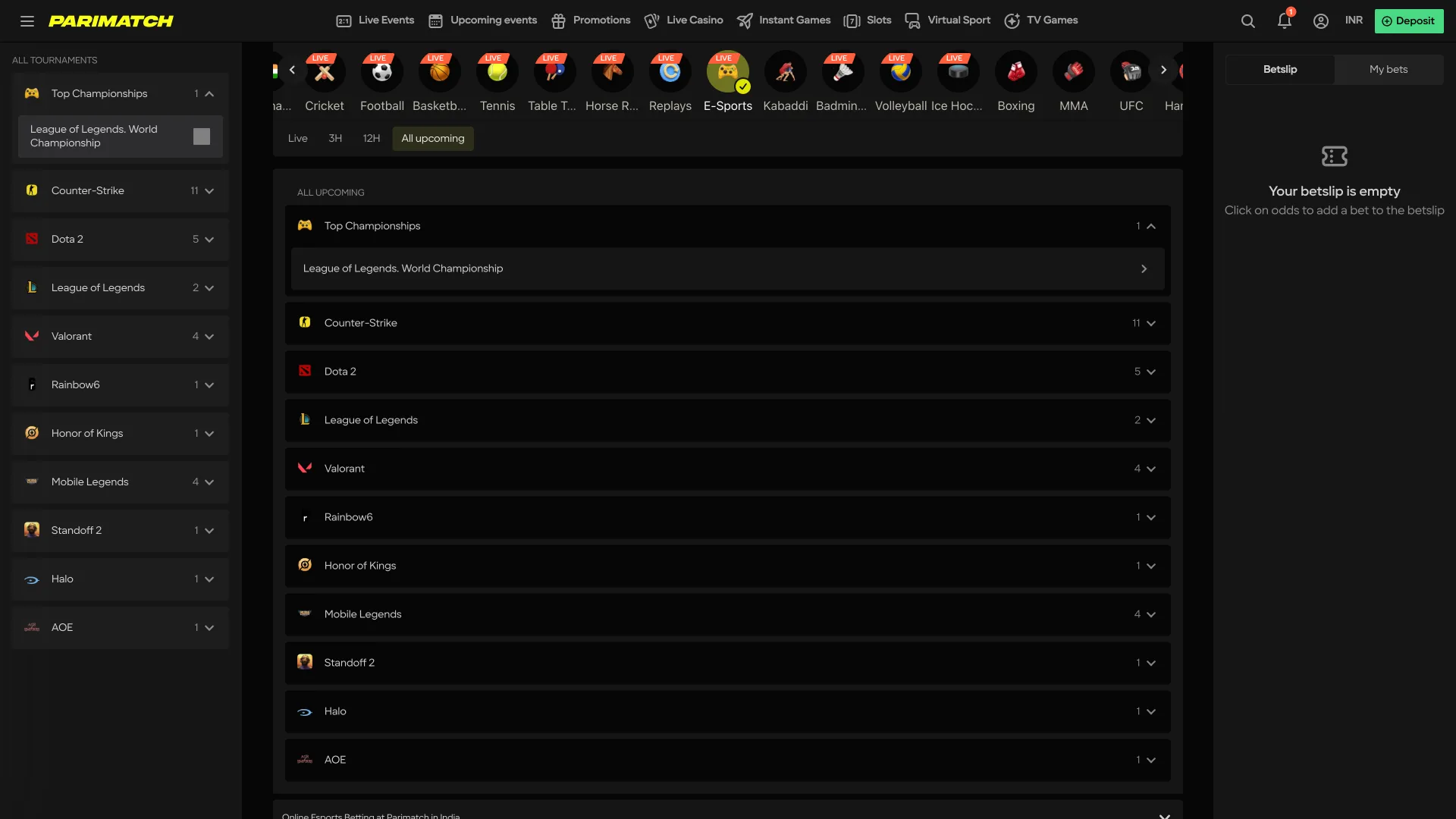 Parimatch Esports section for top gaming events.