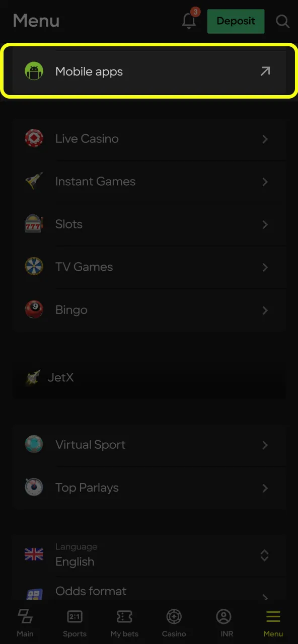Download Parimatch app from the main page.