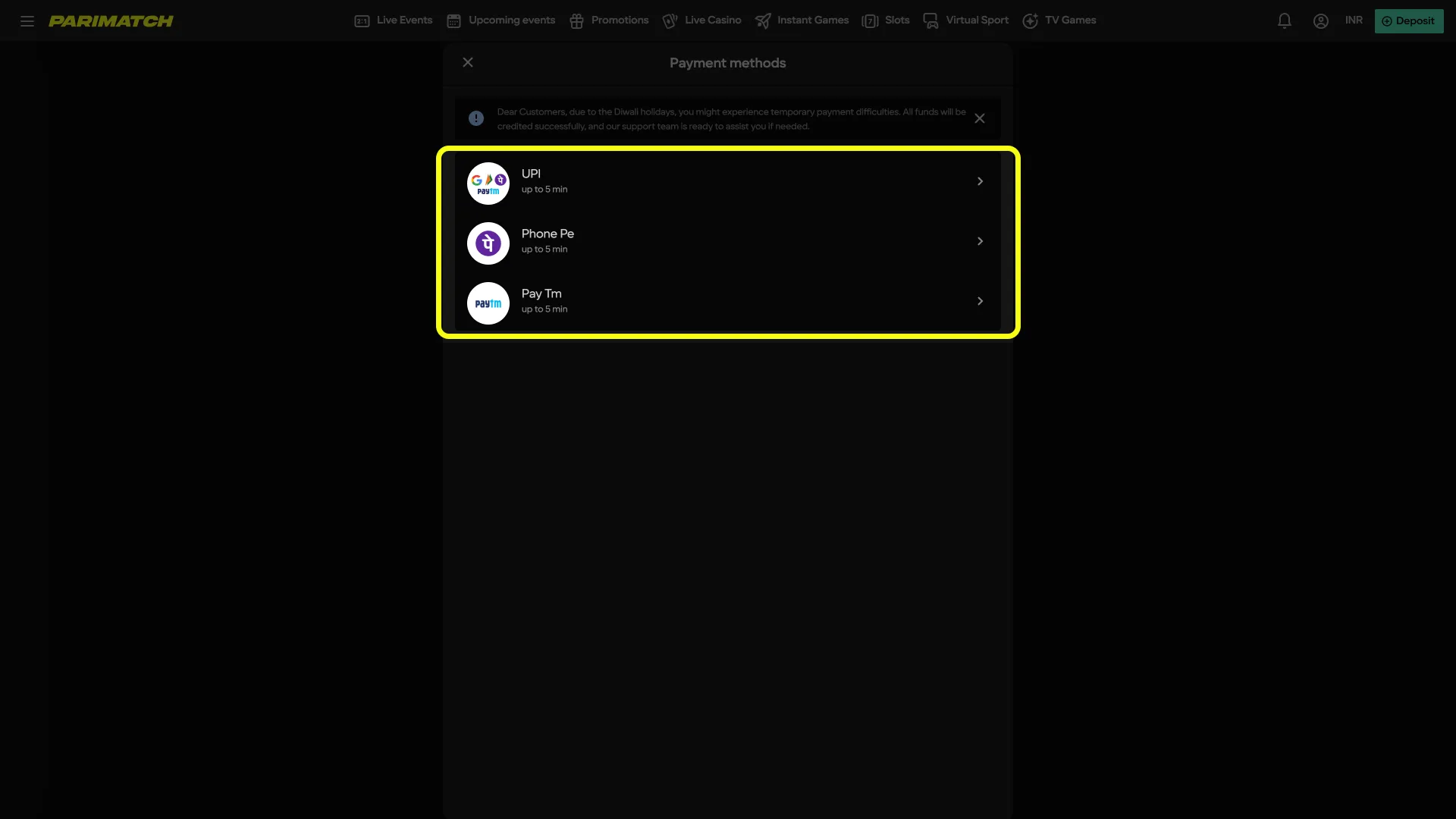 Deposit to Parimatch via UPI, Paytm, or PhonePe.