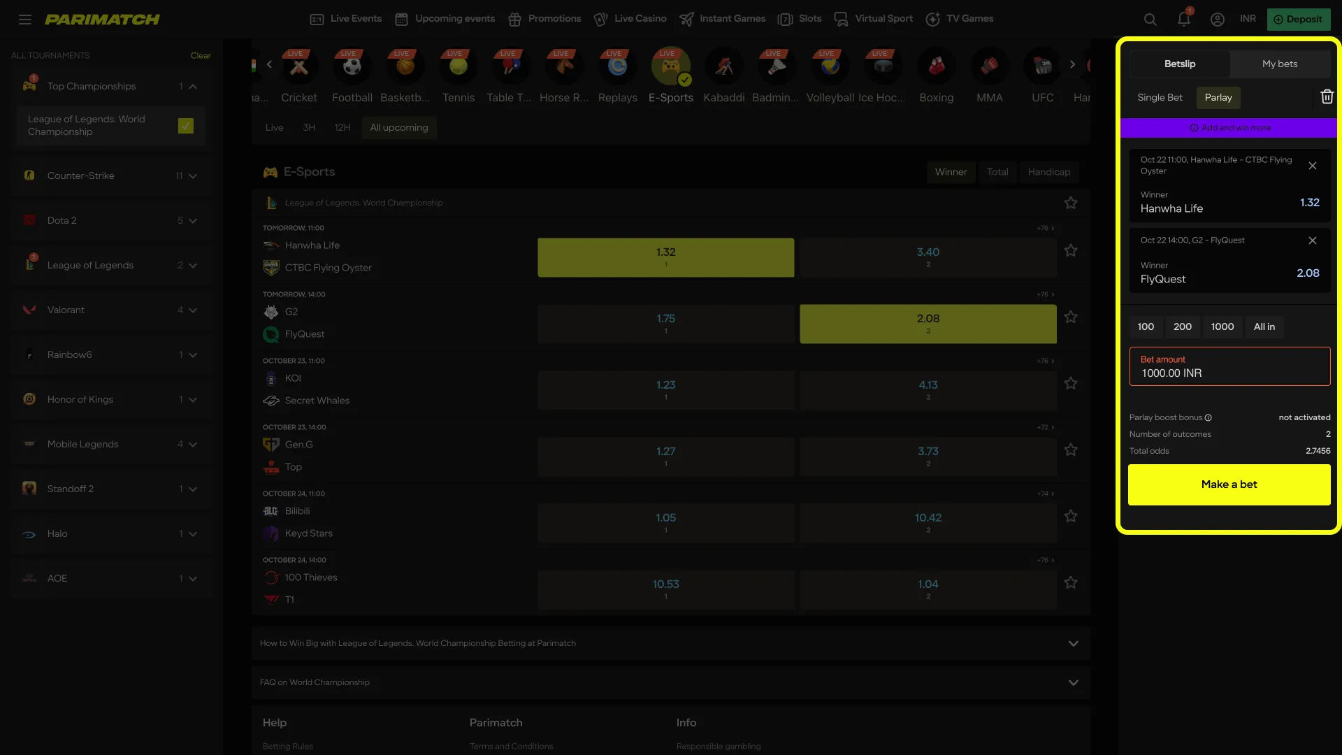 Enter stake and confirm Parimatch betslip.