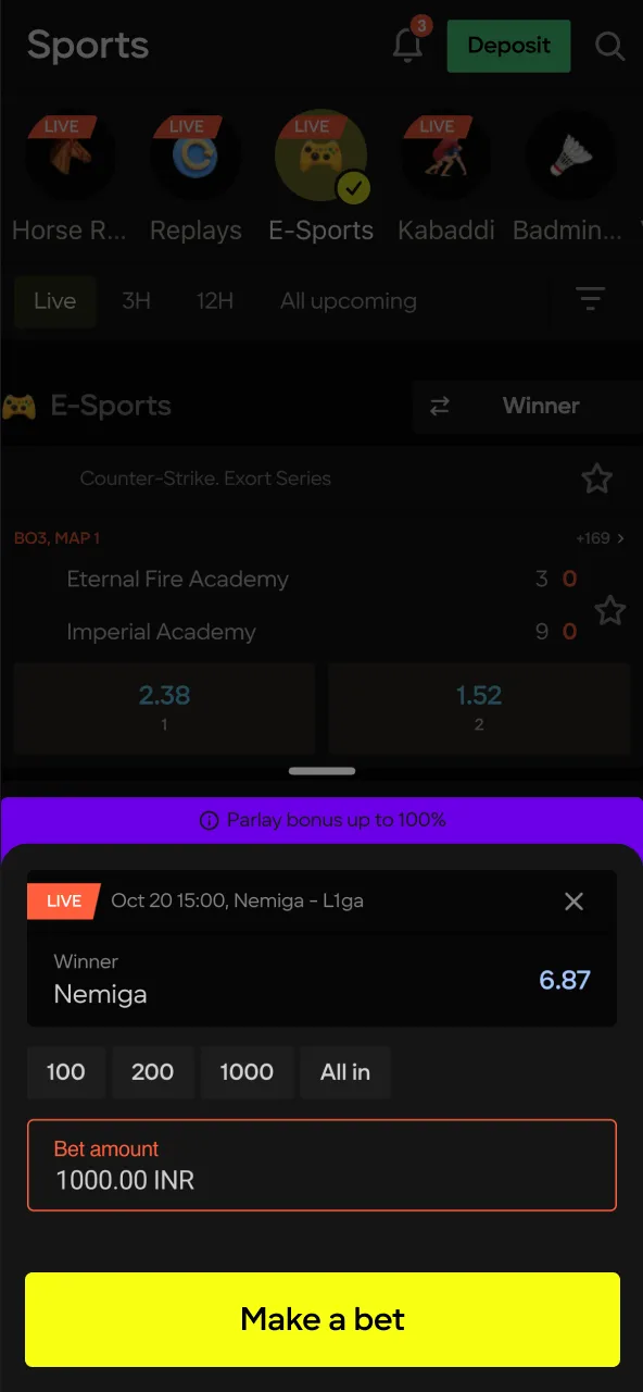 Enter stake and confirm Parimatch betslip.