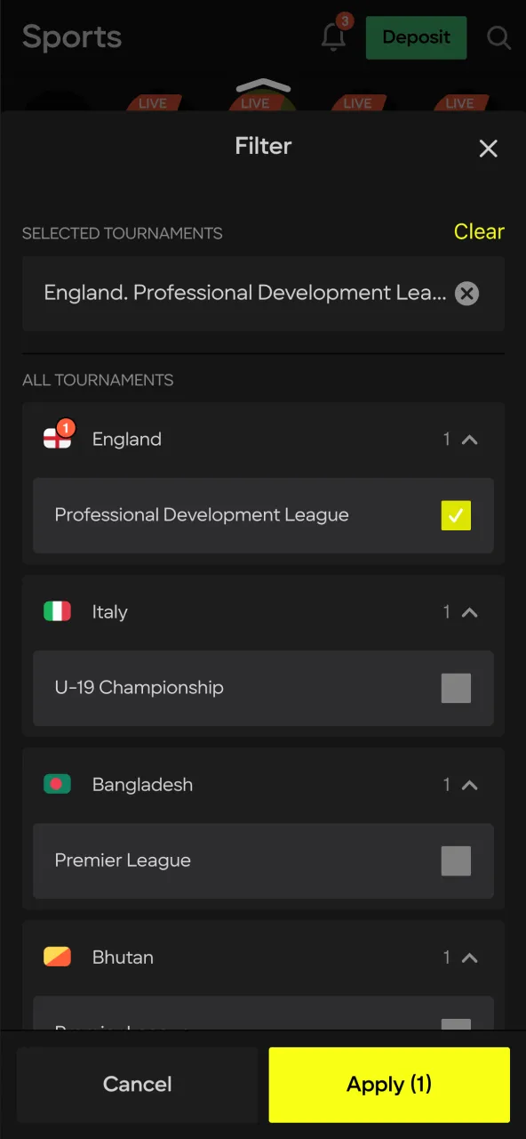 Choose your Parimatch league and match to bet.