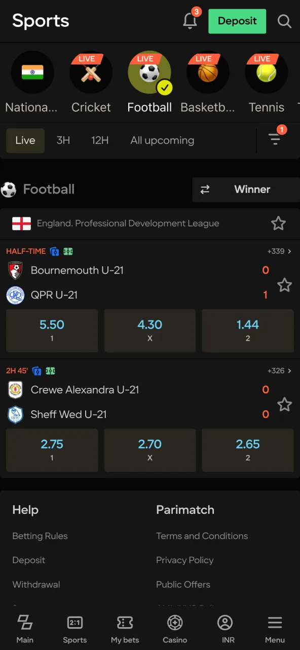 Use Parimatch Live for in-play updates and bet control.
