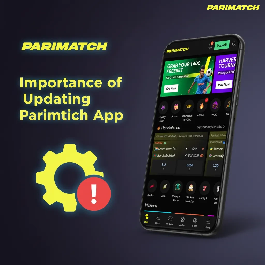 Phone screen shows Parimatch app update prompt with security, faster odds, stable streams, payments, bug fixes, notifications