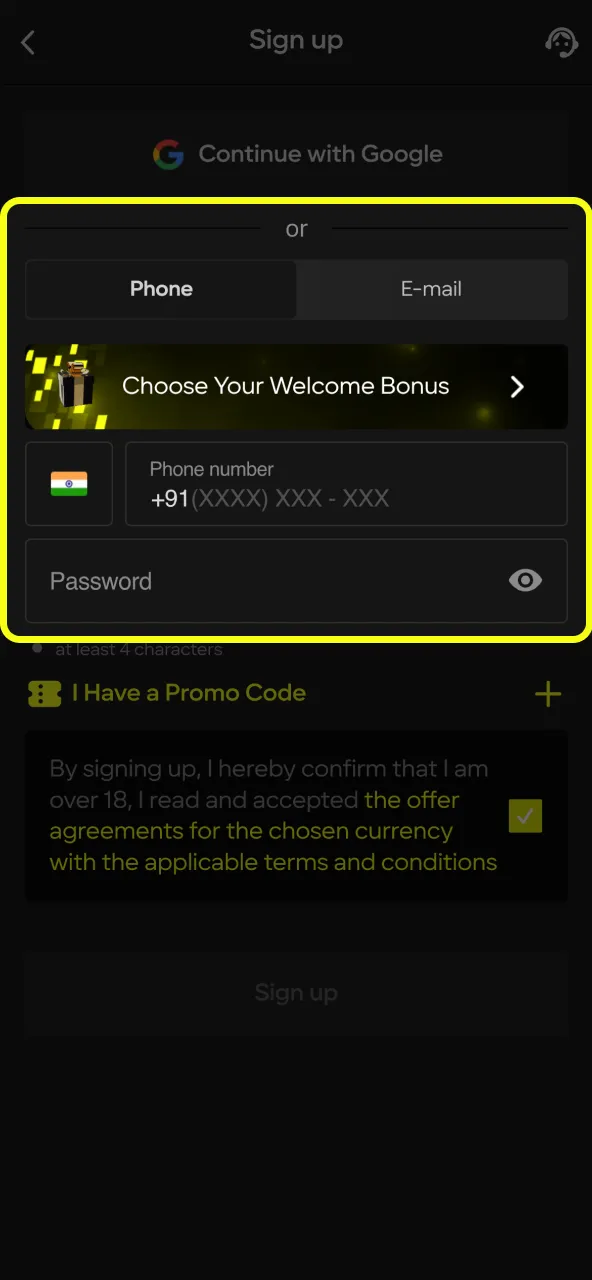 Join Parimatch with your details and secure login setup.