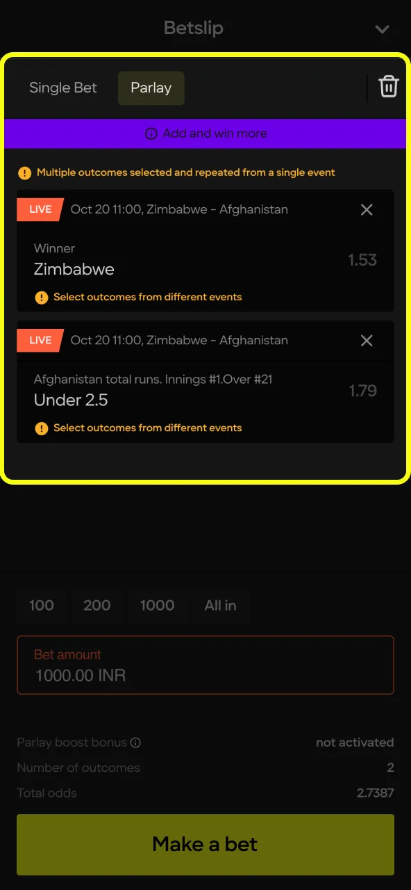 Parimatch odds selection screen for betting slip.