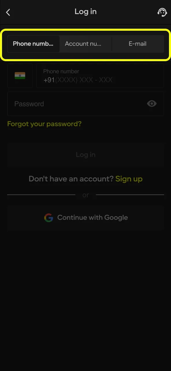 Choose between phone, account or email on Parimatch.
