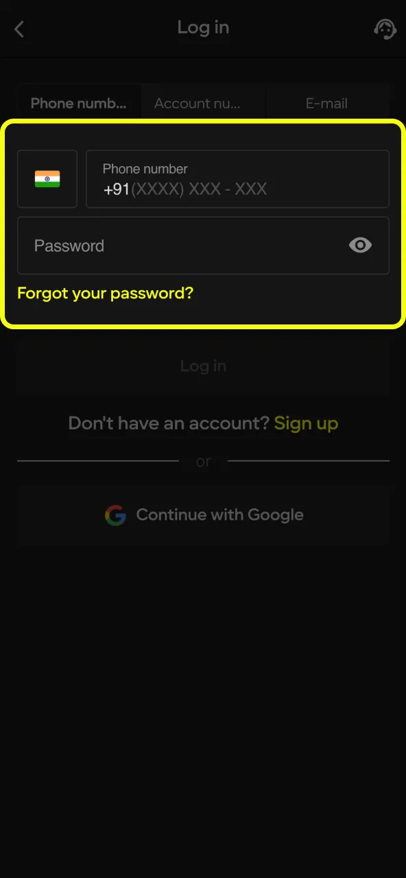 Typing password and email on Parimatch screen.