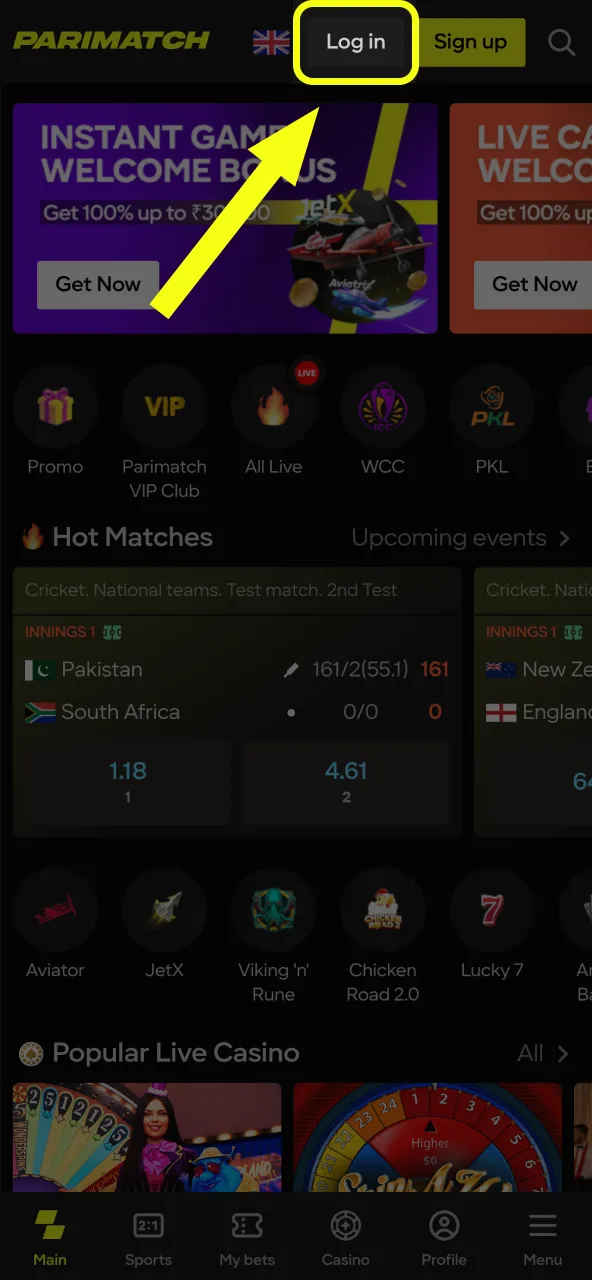 New users registering or existing users logging in on Parimatch.