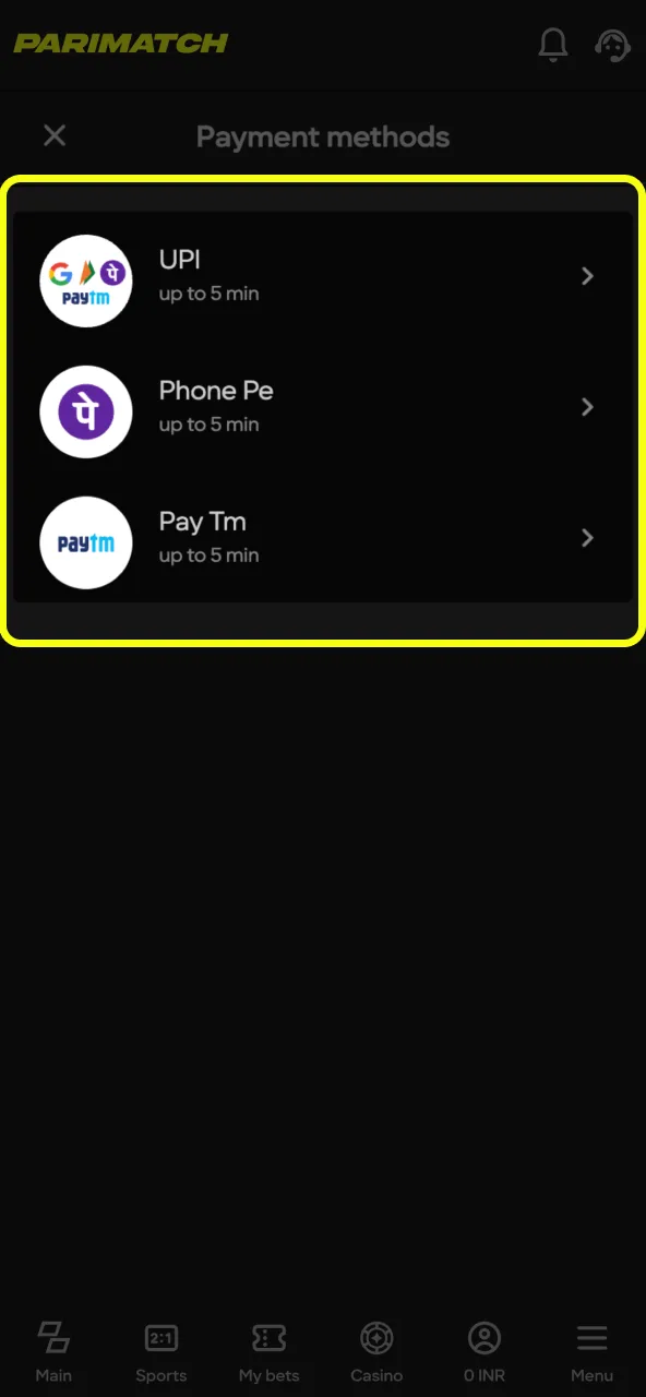Choose how to deposit money on Parimatch.