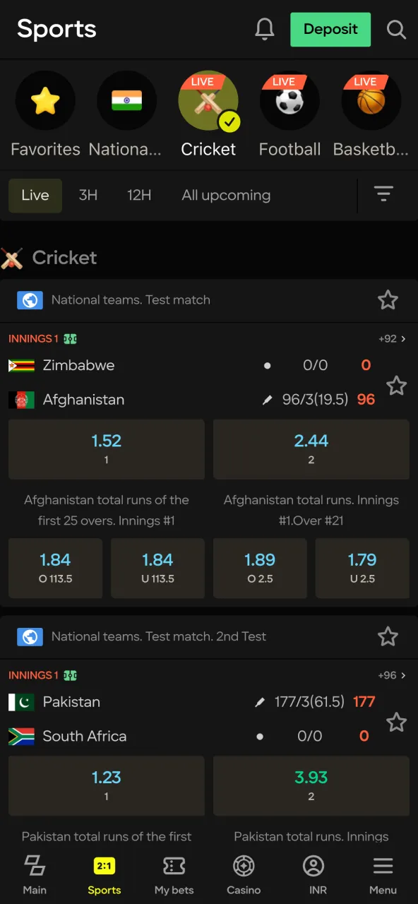Selecting a live event to wager on Parimatch.