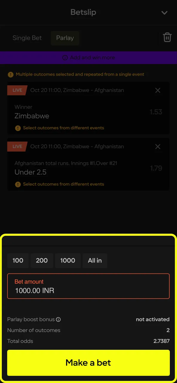 Final step before betting on Parimatch shown.