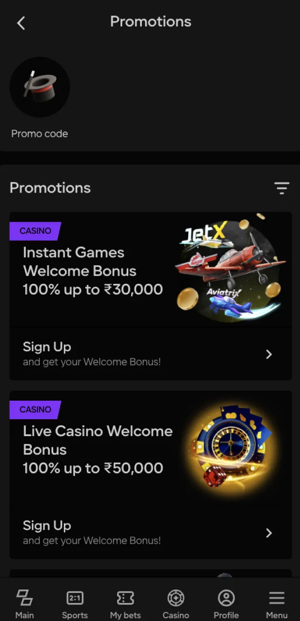 You can easily find the bonus that suits you in the promotions section of the official Parimatch website.