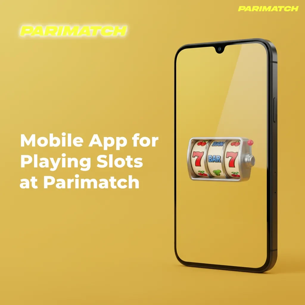 Phone screen with Parimatch slots app: slot lobby grid, clean UI, bottom nav, search, quick play, payments, winnings tracker.