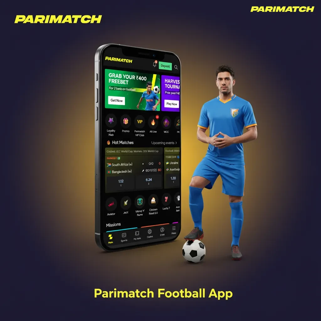 Parimatch Football app on smartphone with live odds, quick betslip, cash out, and fast navigation; Android and iOS.