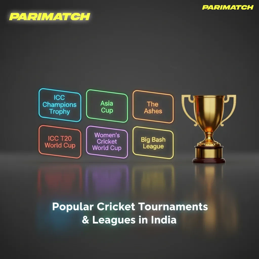 Infographic of Indian cricket tournaments incl. IPL, ICC events, Ashes, Asia Cup, Ranji; with betting markets and live odds.