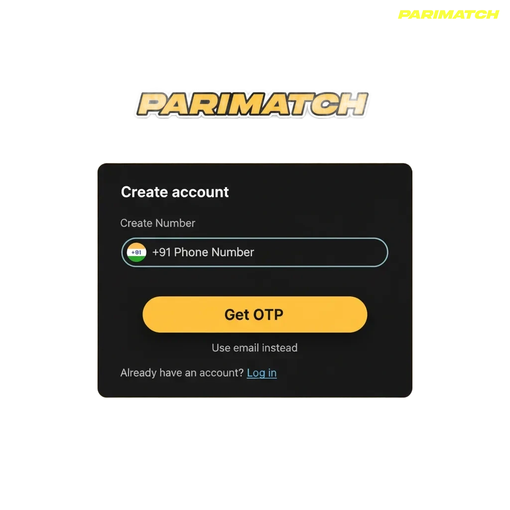 Parimatch registration, login and verification flow with sports and casino icons, 24/7 support, 150% bonus up to ₹30,000.
