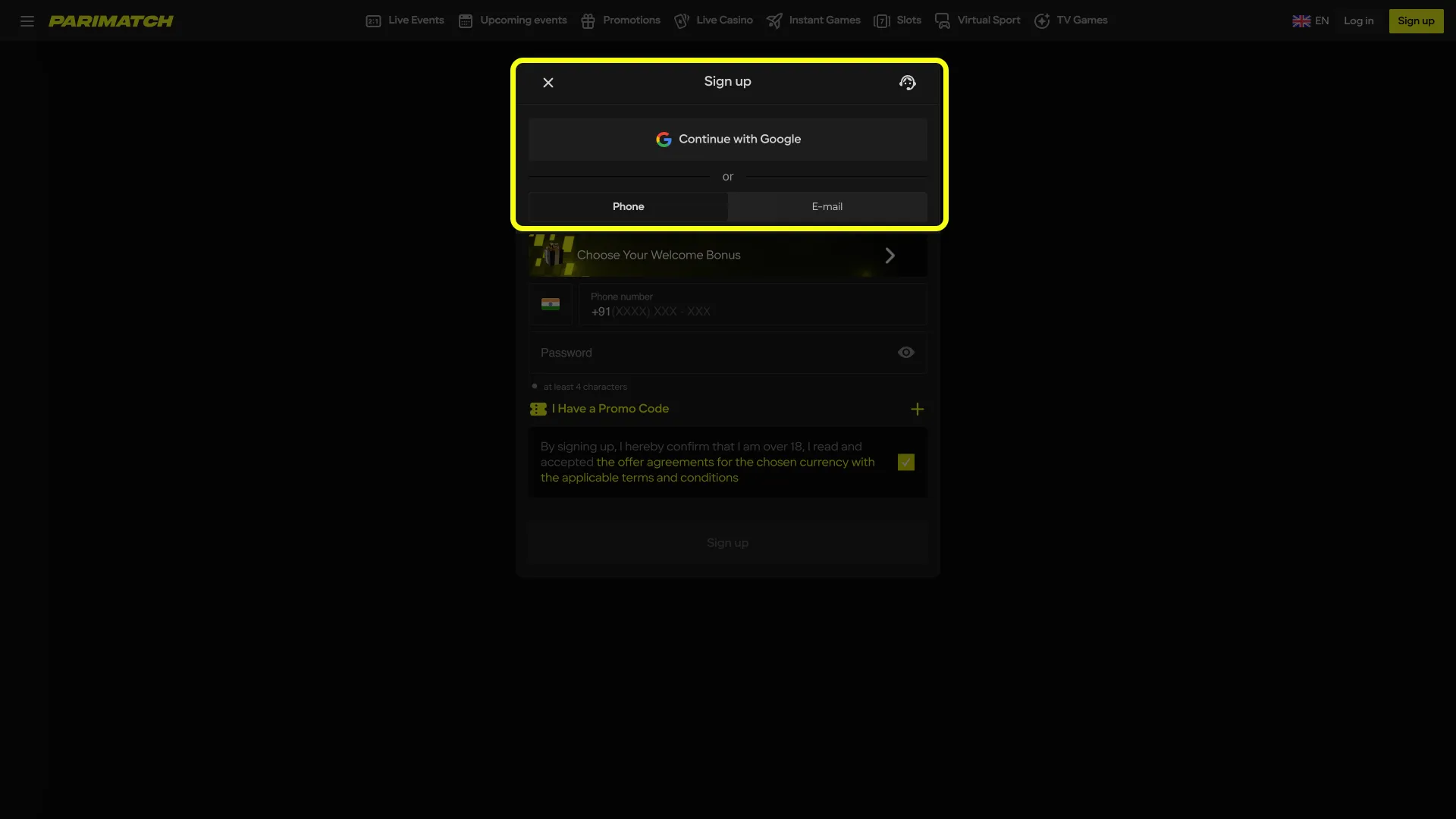 Select mobile or email to join Parimatch.