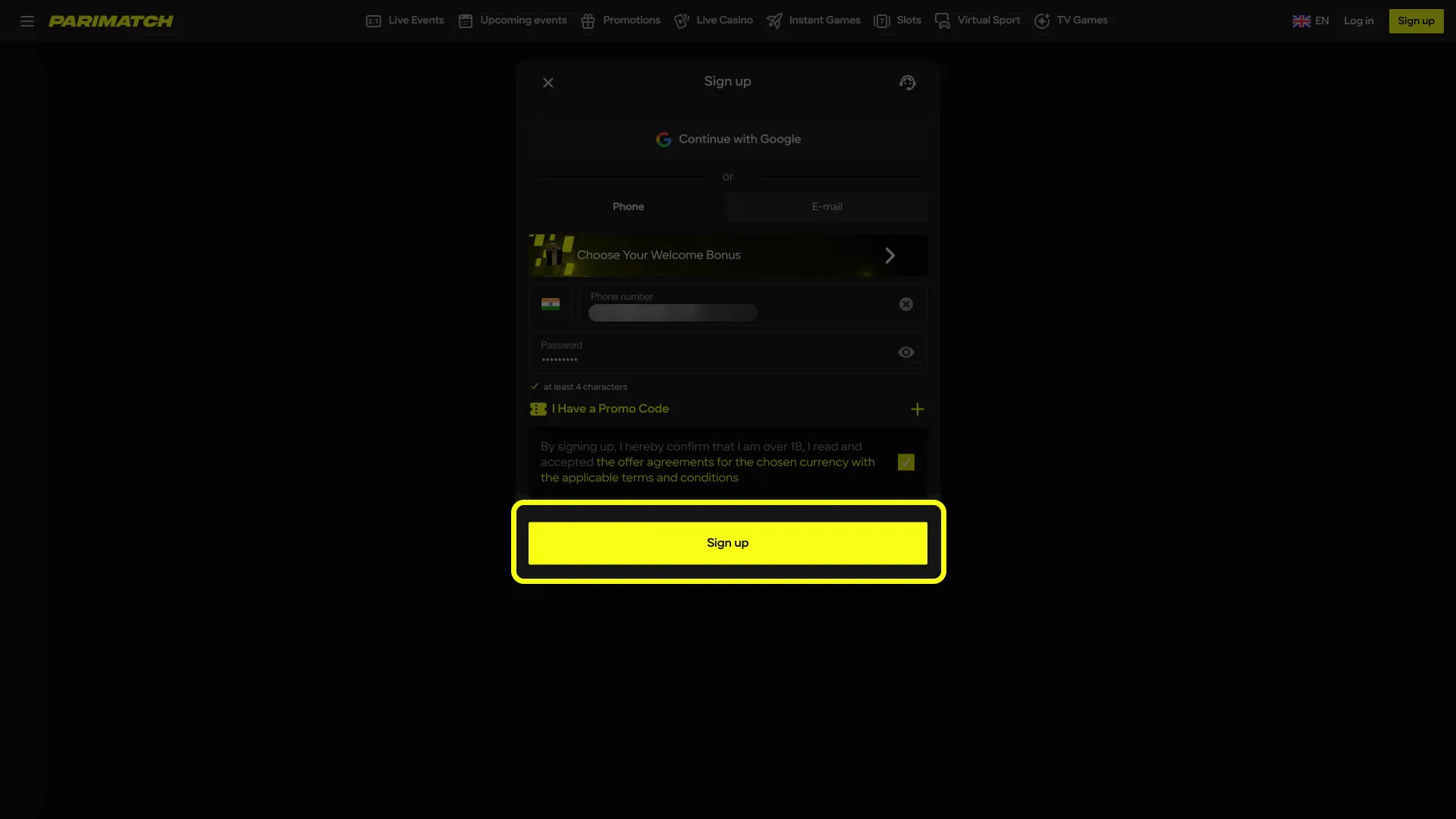 Finish joining Parimatch by confirming details.