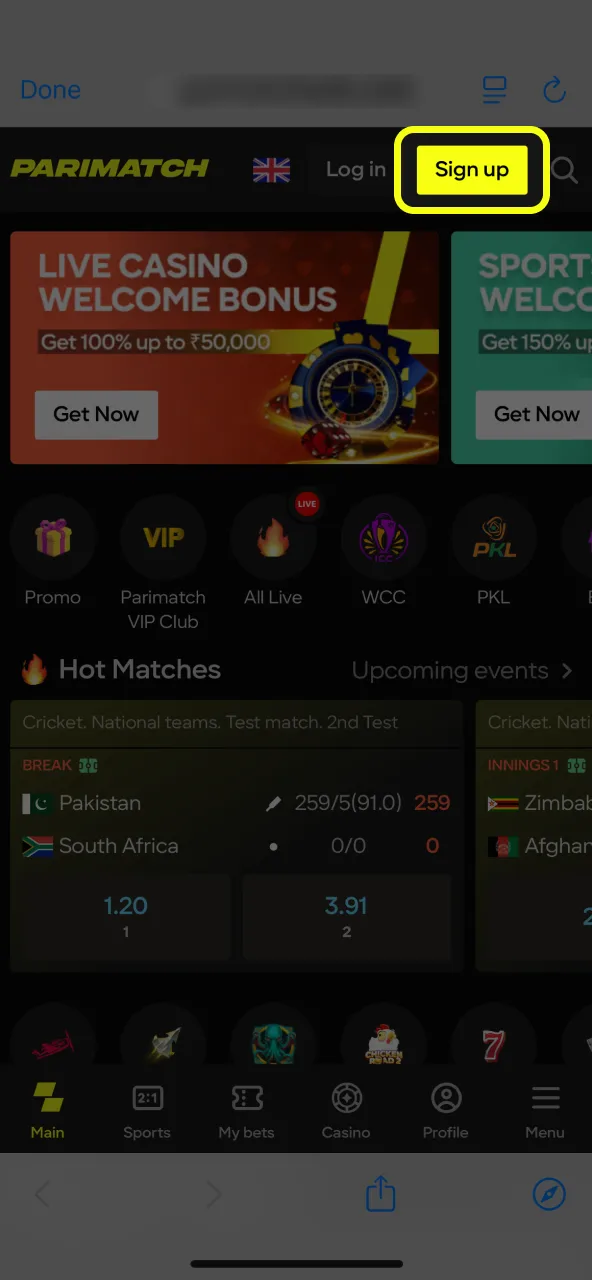 Start Parimatch app and create account.
