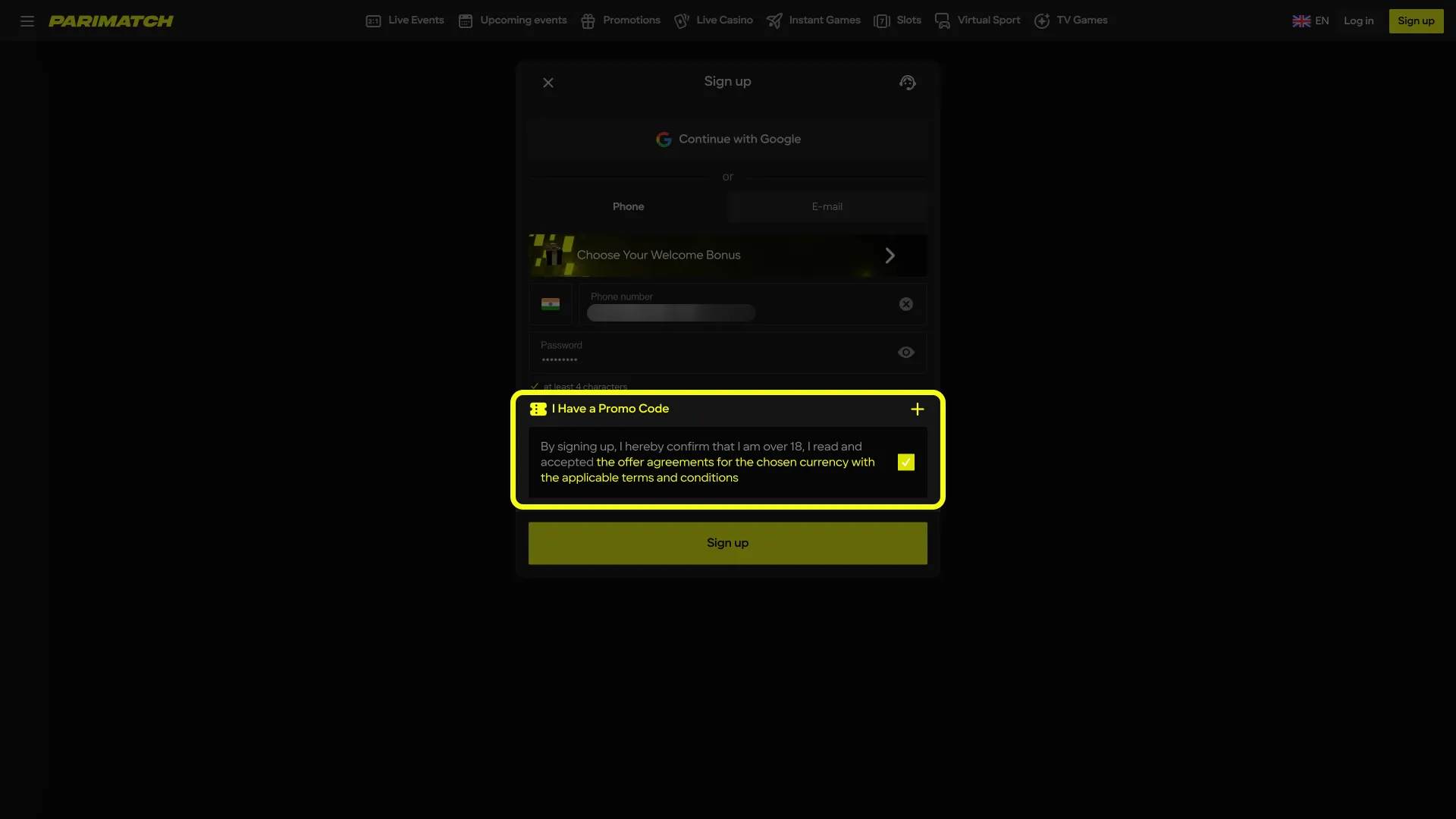 Verify Parimatch access using your contact info.