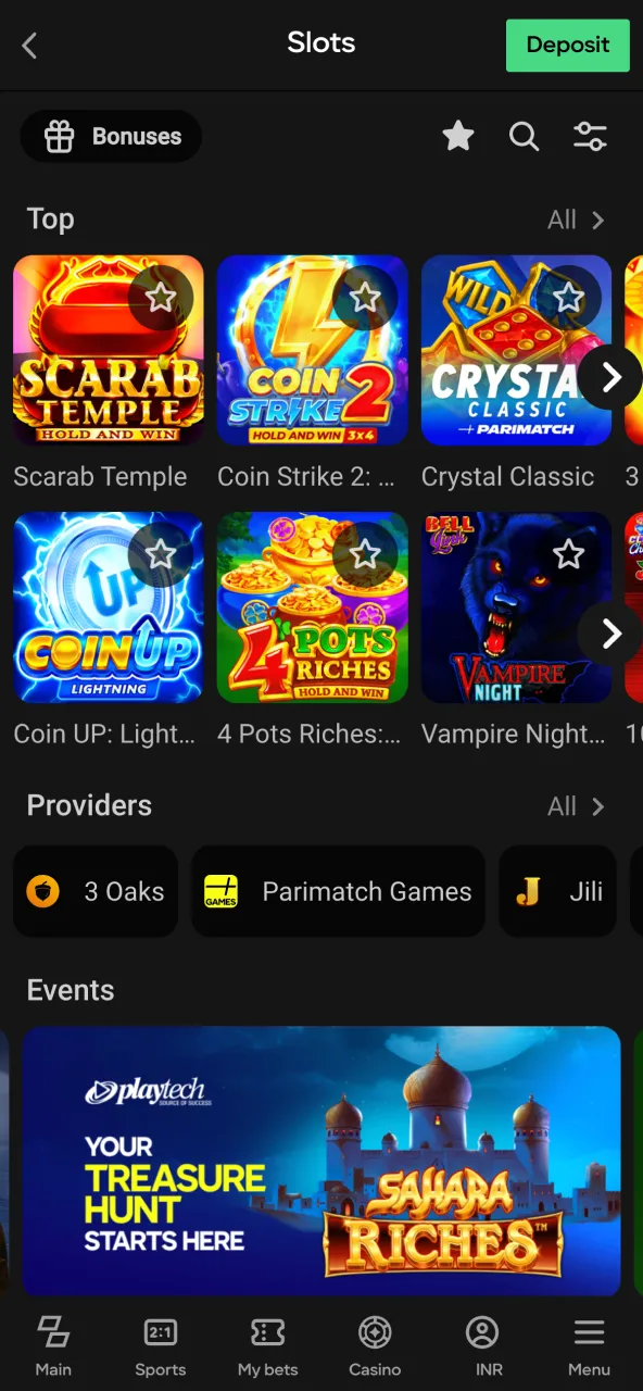 Open the Slots menu in Parimatch Casino section.