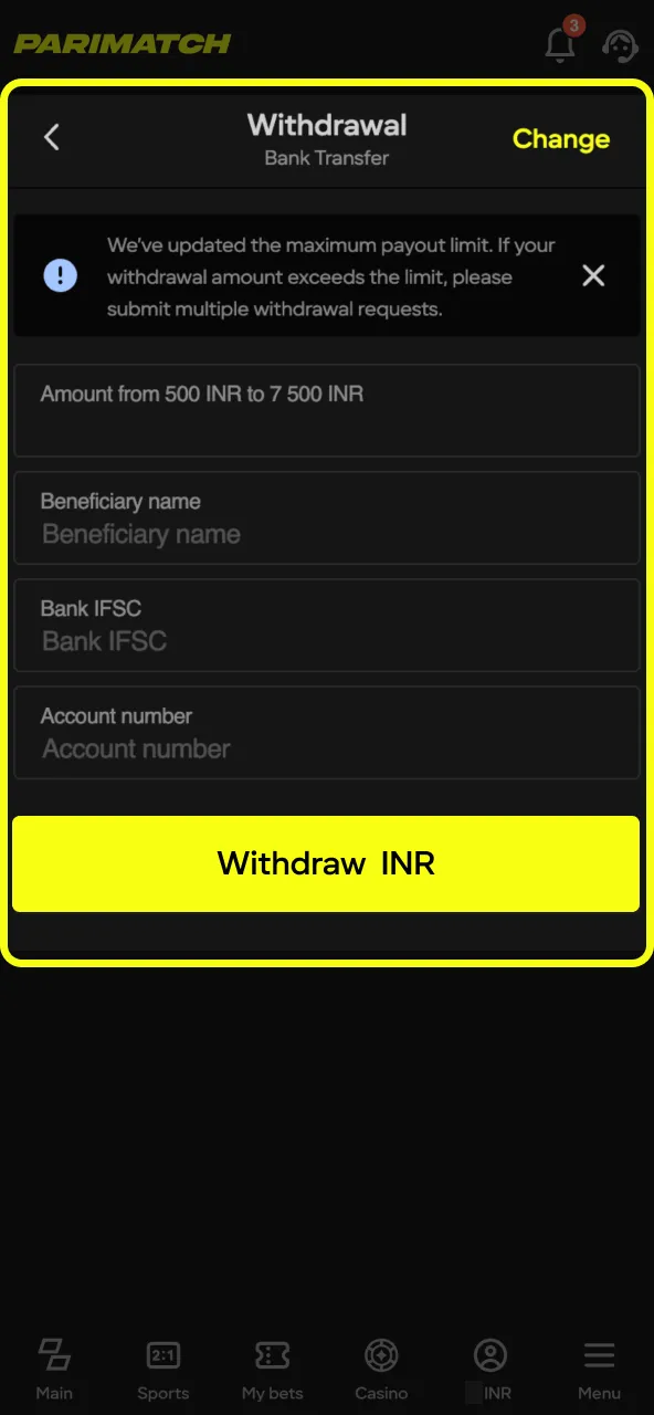 Finalize your Parimatch cashout with OTP or ID check.