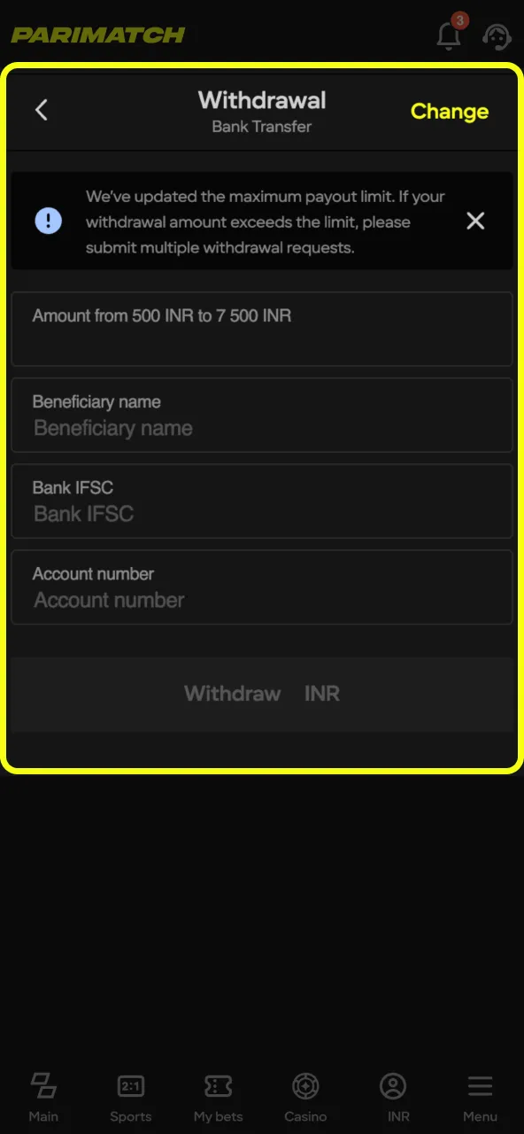 Type your Parimatch payout sum and check balance.