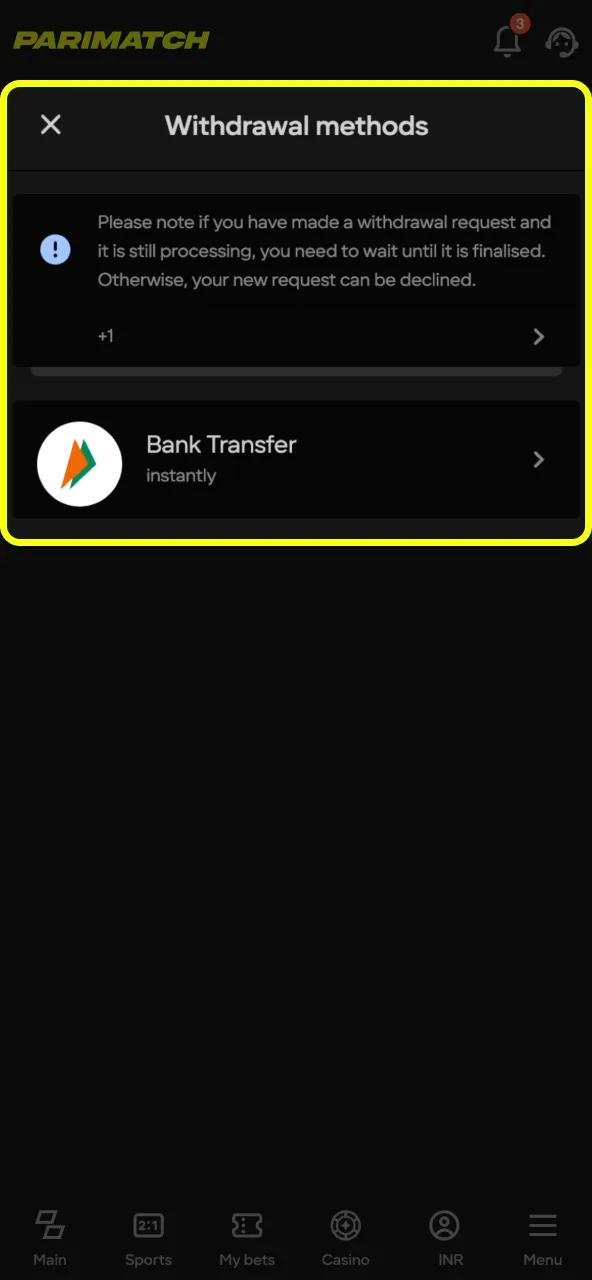 Withdraw from Parimatch using your UPI-linked wallet.