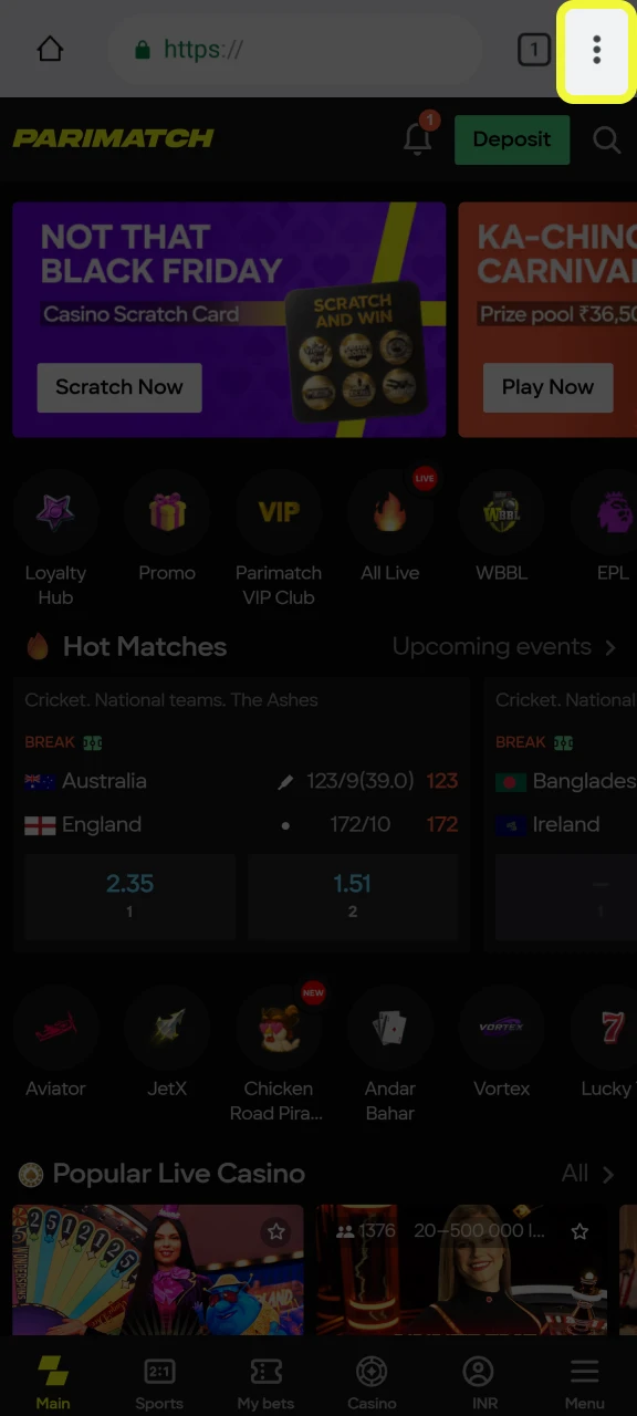 Open your browser menu to add the Parimatch shortcut.