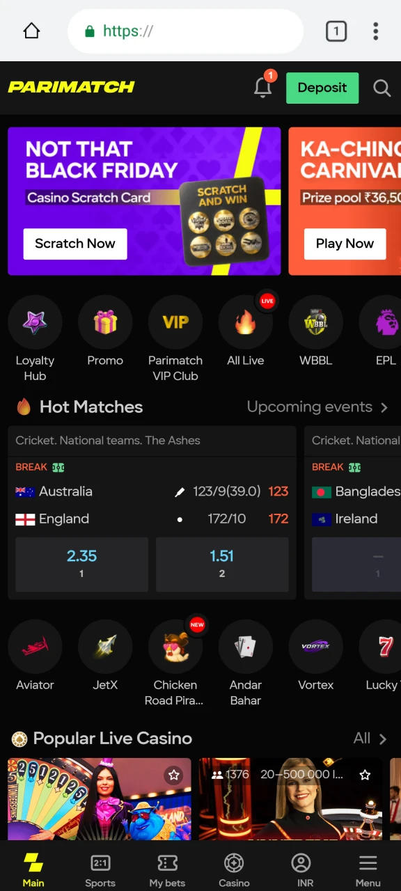 Open the official Parimatch India website in your browser.