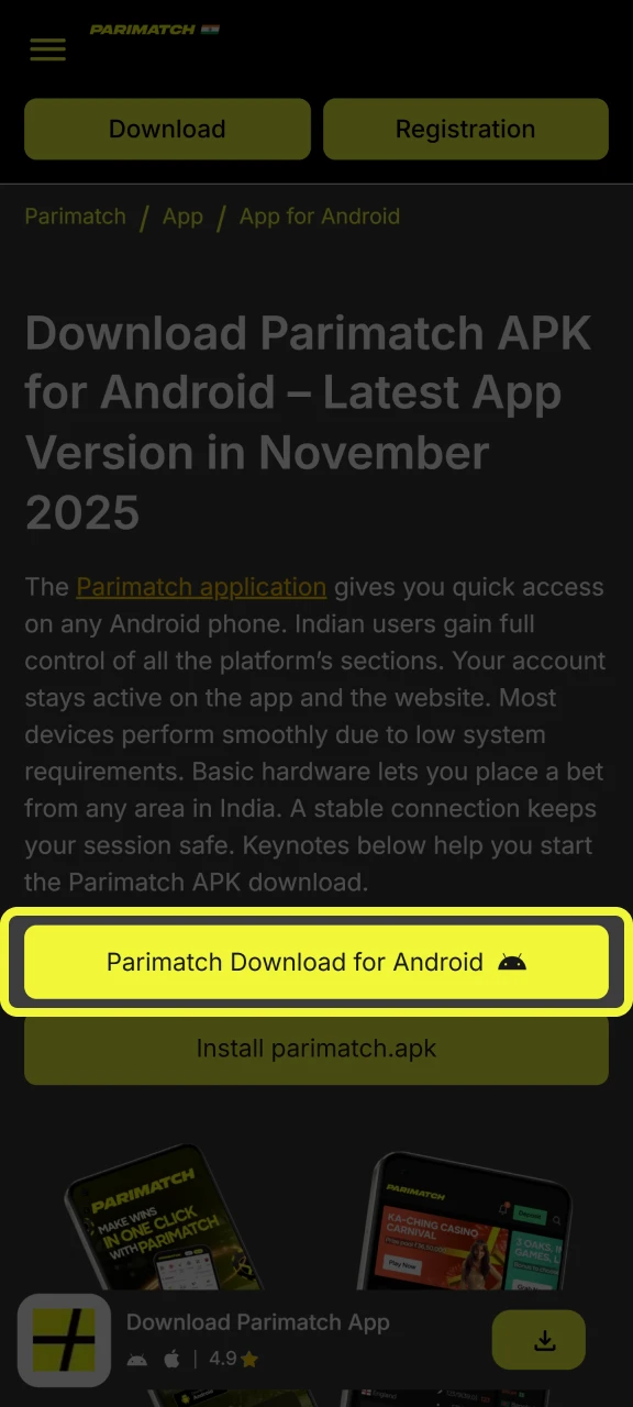 Click Parimatch Download for Android to get the app.