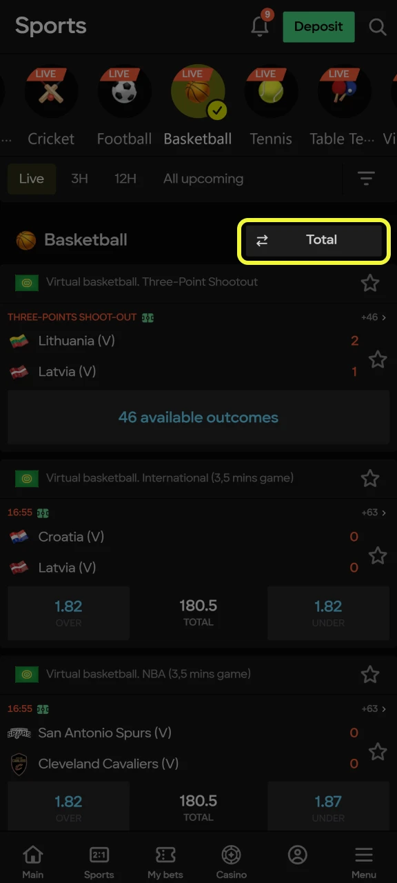Select a market to place a bet on basketball at Parimatch.