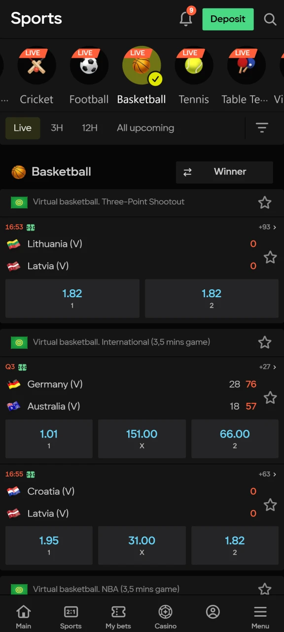 Find basketball in the Sports section on the Parimatch platform.