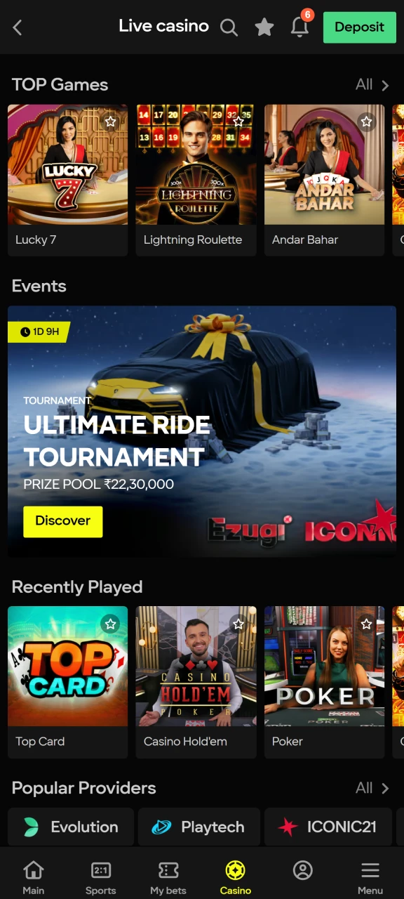 Select the Casino or Live Casino section to choose a game at Parimatch.