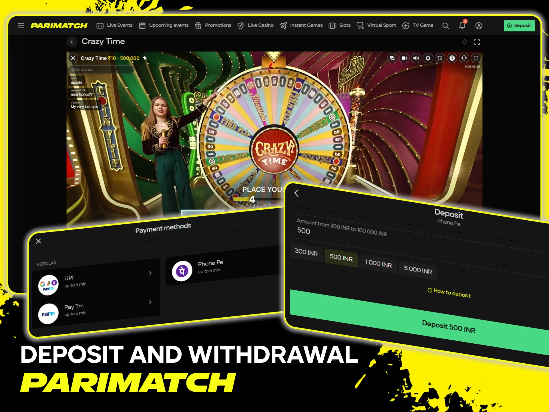 Use secure deposit and withdrawal methods for Crazy Time players at Parimatch.