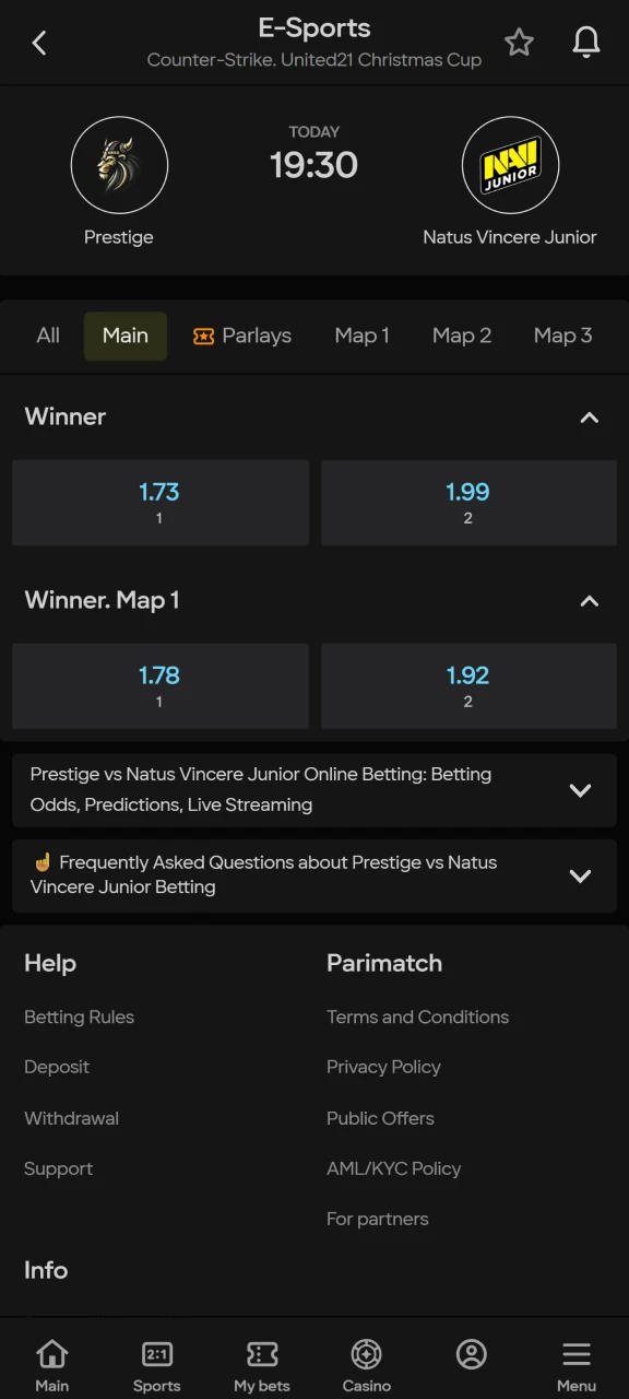 Select the Counter Strike 2 match you want to bet on at Parimatch.