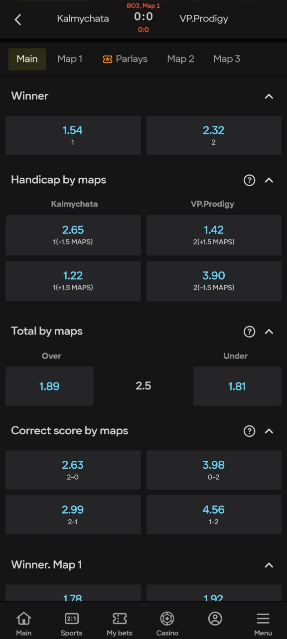 Select a market to place a bet on Dota 2 on the Parimatch platform.