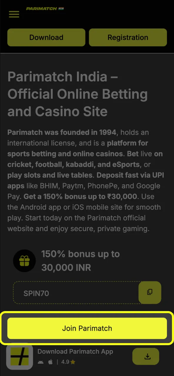 Parimatch homepage with Login button visible.