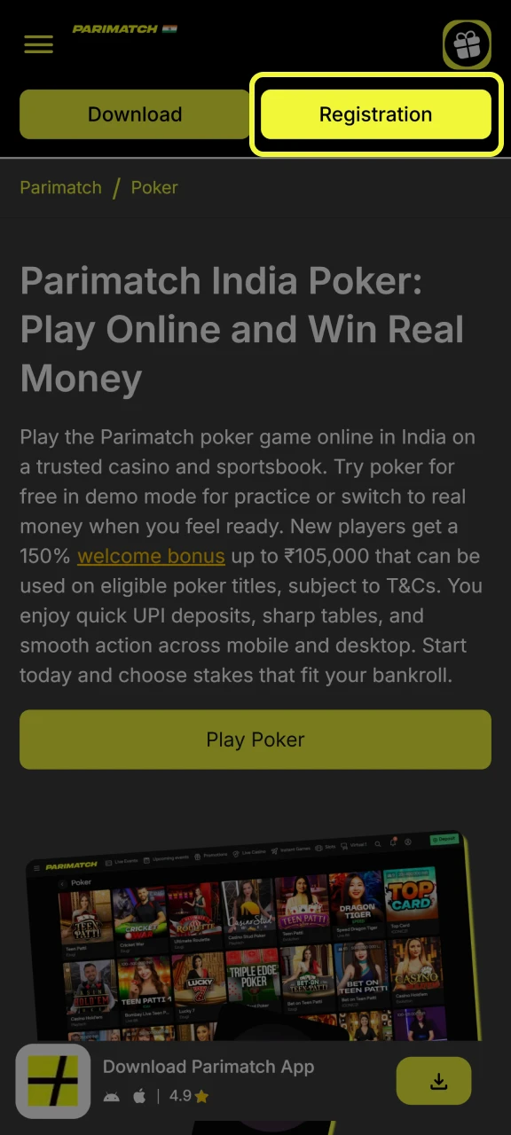 Click Register to open the form and create a Parimatch account.