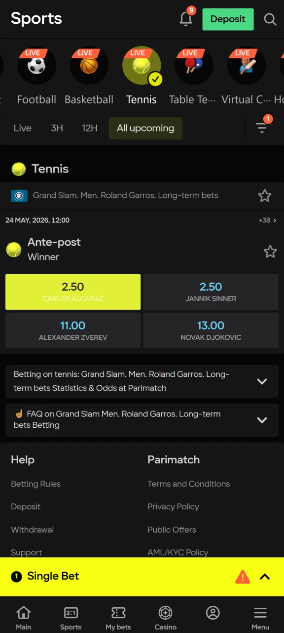 Add your tennis bet to your betting slip at Parimatch.