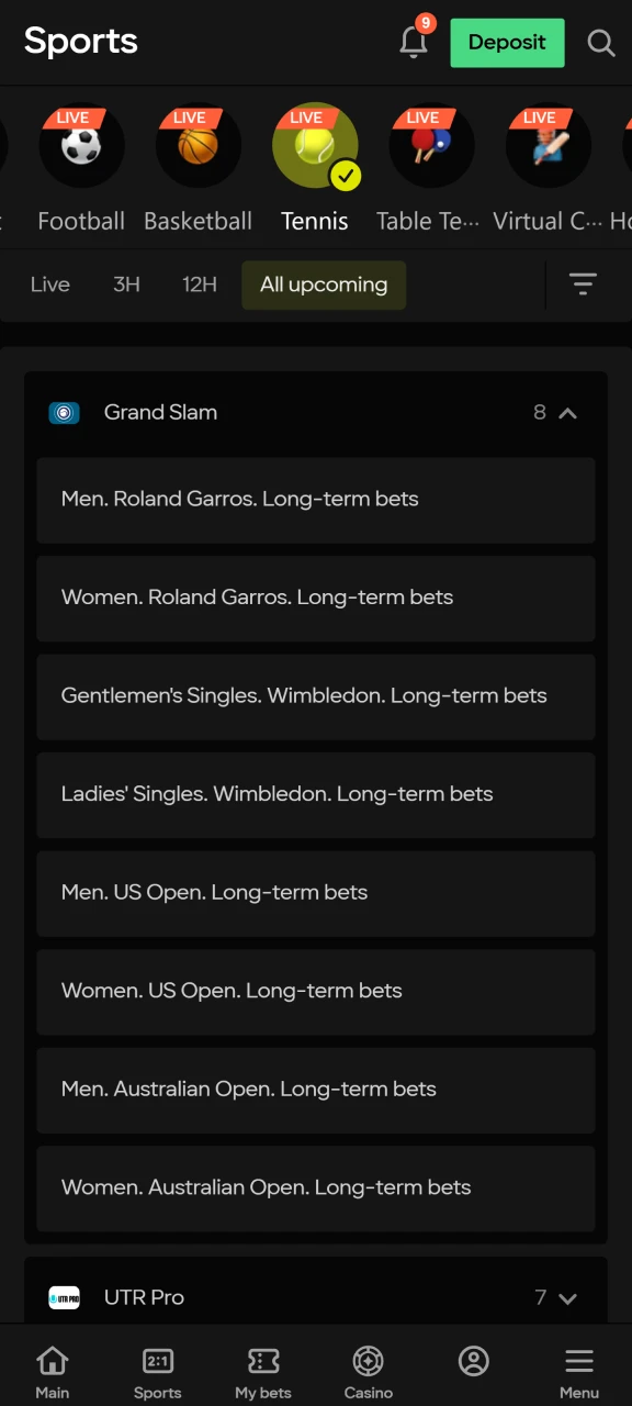 Select the tennis tournament you want to bet on at Parimatch.