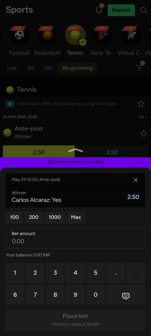 Add the amount of your tennis bet on the Parimatch website.