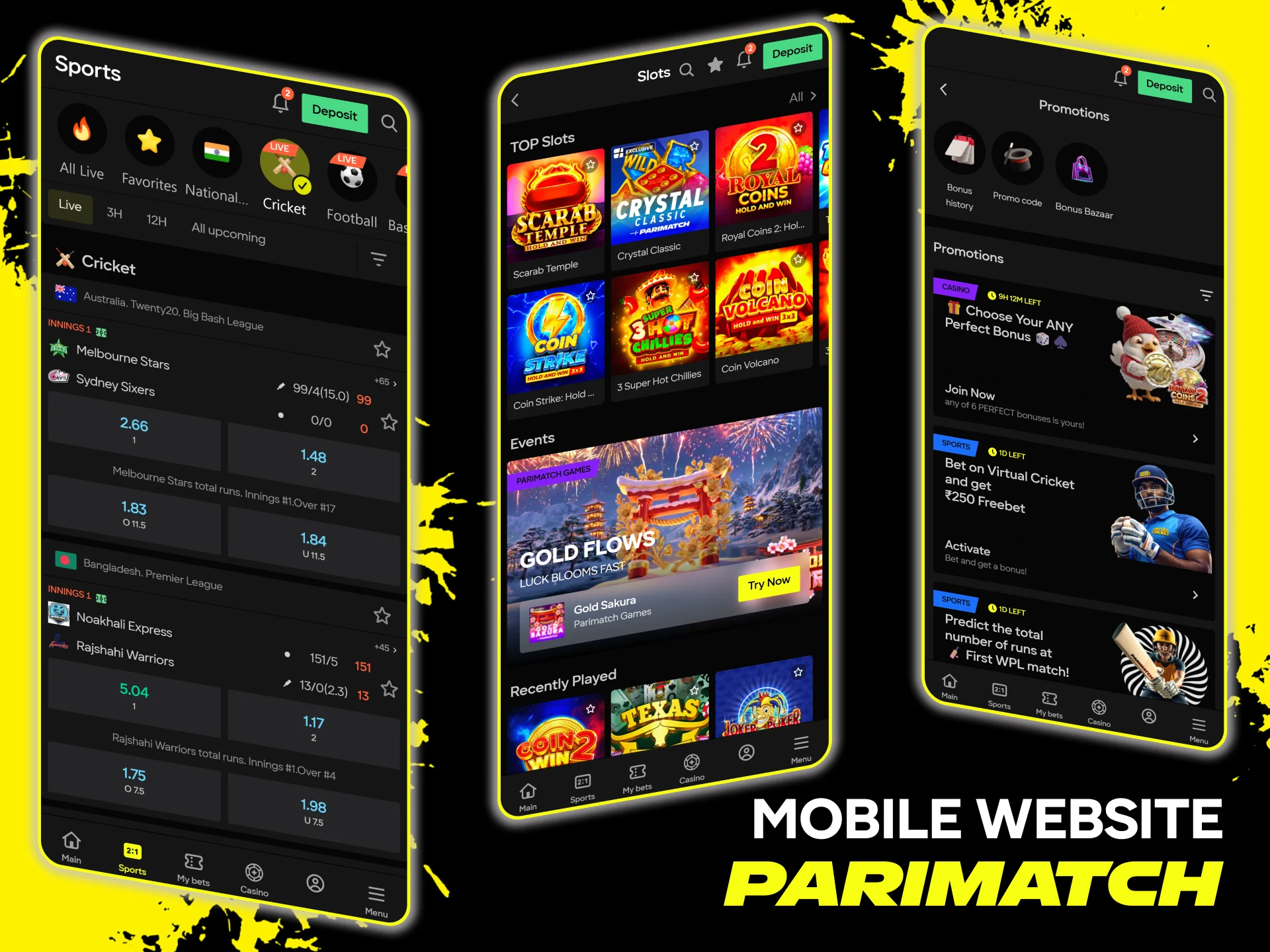 Access the official mobile website version of Parimatch from any browser.